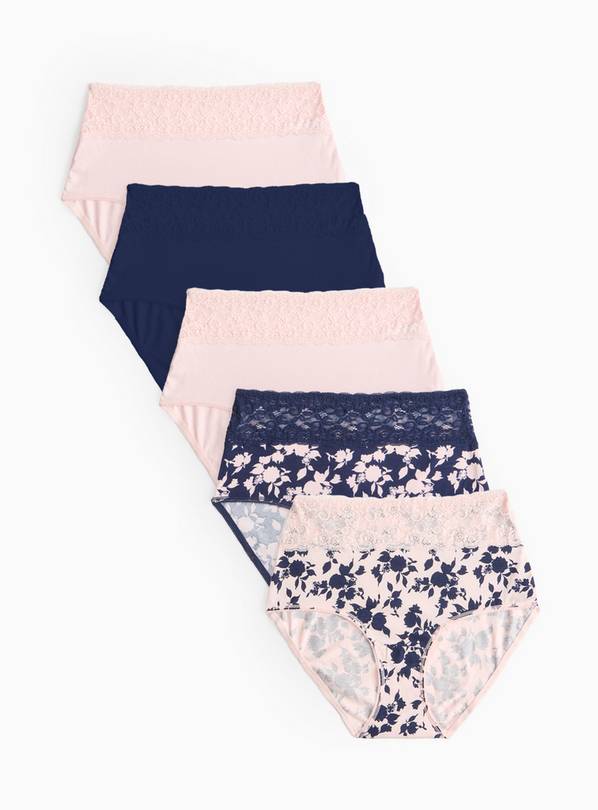 Navy & Pink Floral Comfort Lace Full Knickers 5 Pack 22